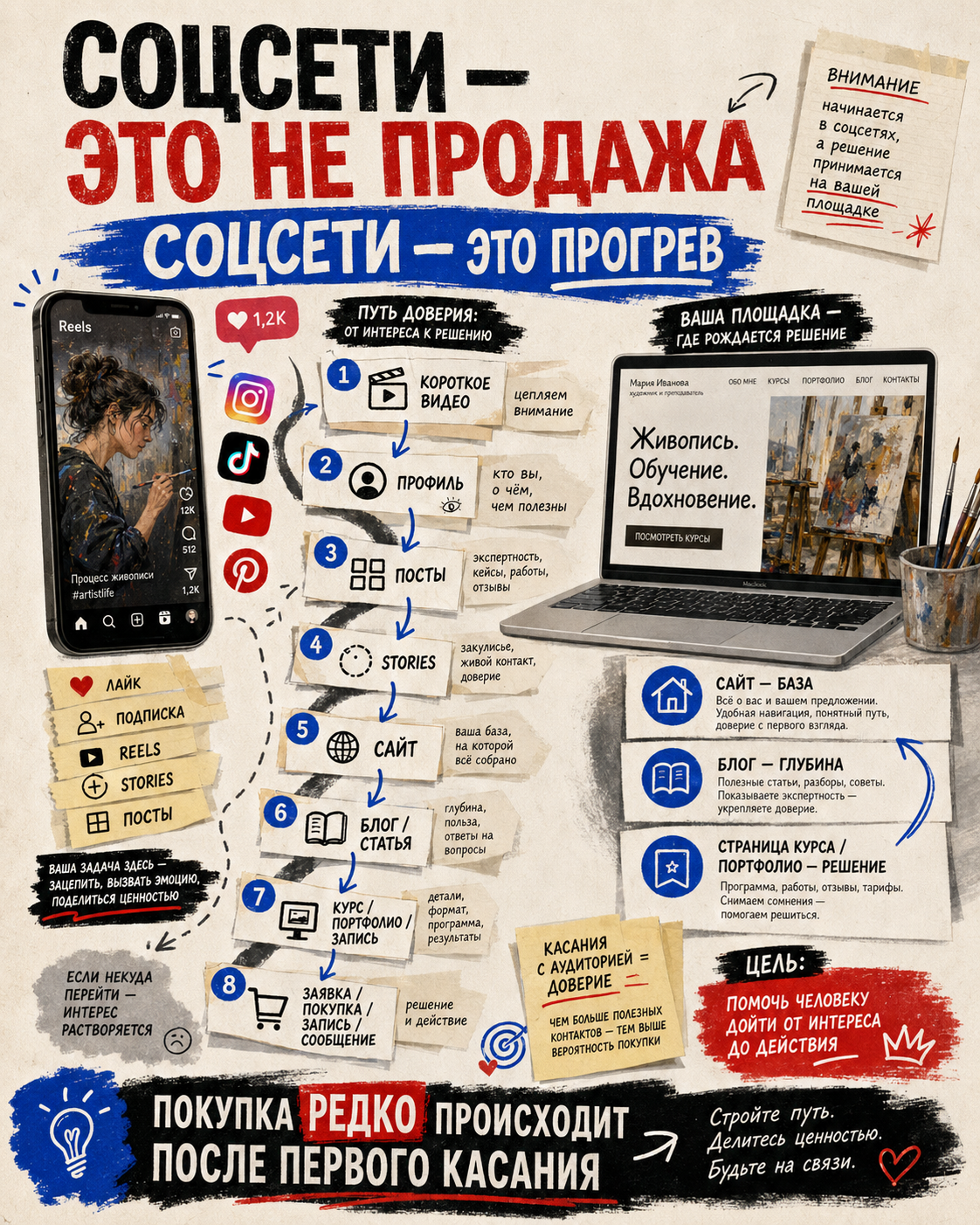 Соцсети — это не продажа. Соцсети — это прогревОдна из главных ошибок художников и арт-школ — ждать, что Instagram или TikTok сами всё продадут.