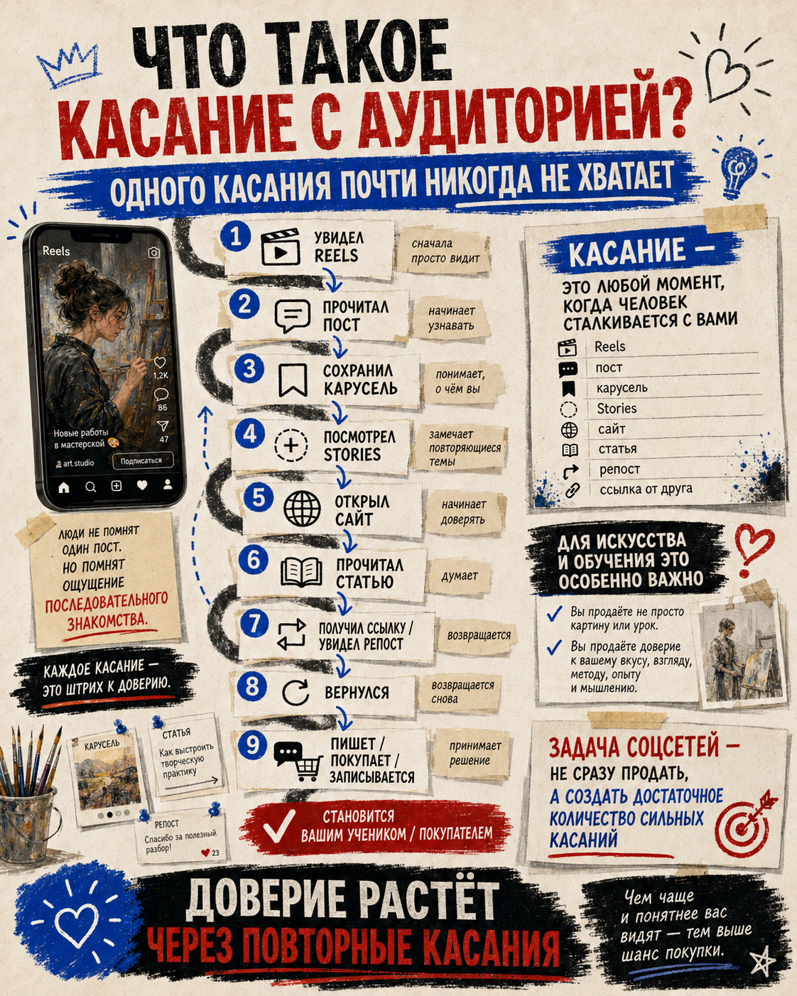 Что такое касание с аудиториейВ маркетинге есть хороший термин — касание.Касание — это любой момент, когда человек сталкивается с вами: увидел Reels, прочитал пост, сохранил карусель, посмотрел Stories, открыл сайт, прочитал статью, увидел вашу работу в репосте, получил ссылку от друга.