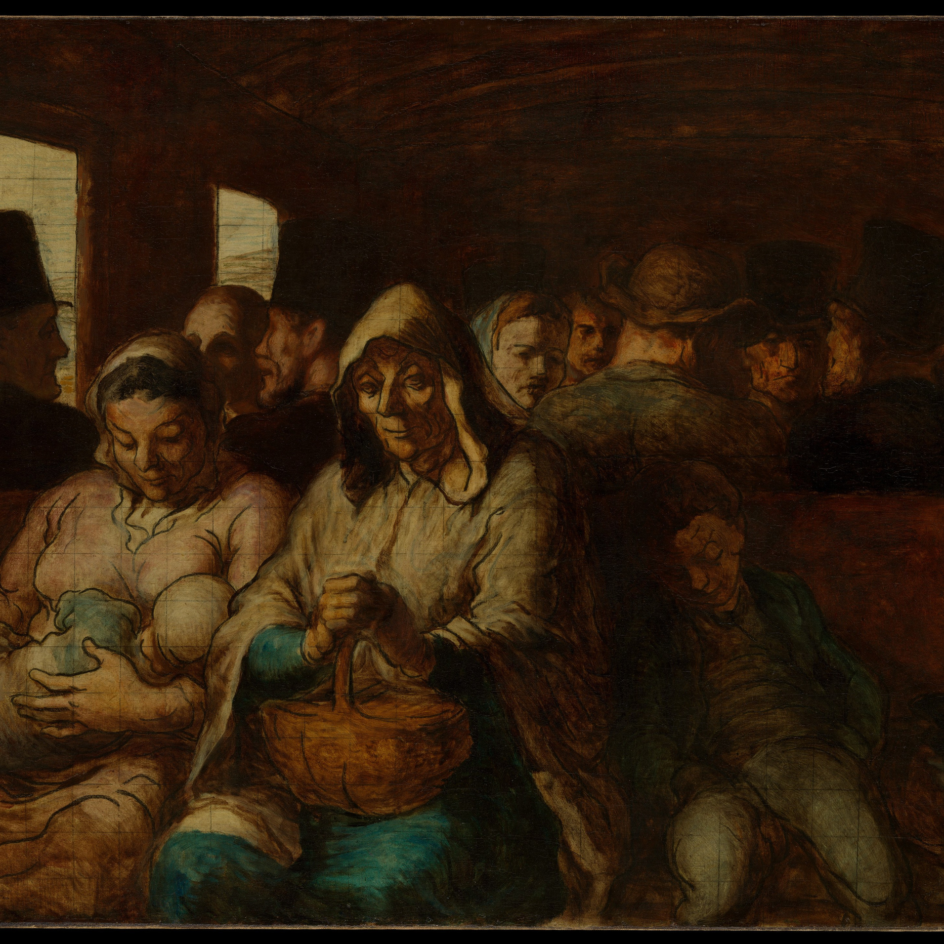 Живописное изображение людей в замкнутом общественном пространстве, сцена повседневной жизни рабочего класса XIX века, социальная тематика, выражение коллективного состояния эпохи индустриализации.