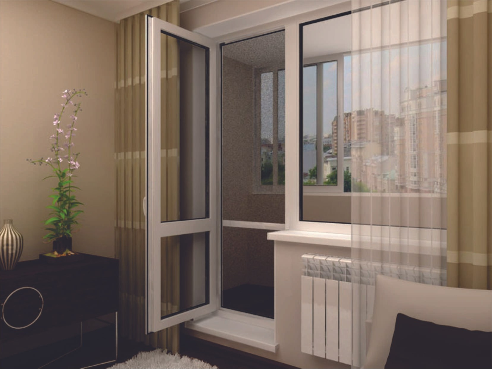 Комната с современным ремонтом и пластиковым балконным блоком белого цвета, у которого дверь с импостом и СП внизу.