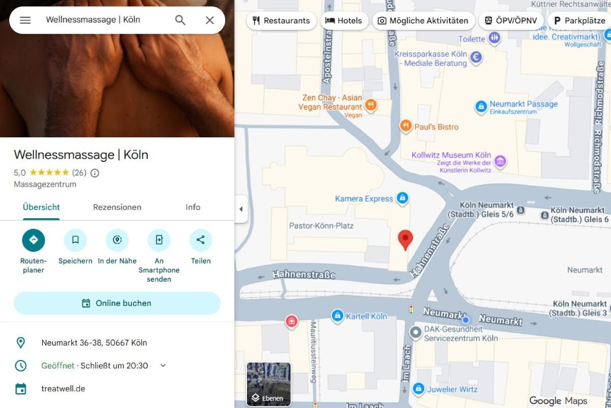 Standort der Rückenmassage in Köln am Neumarkt – Google Maps Ansicht
