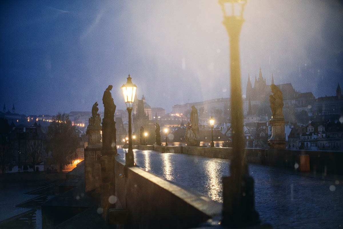 The misty, rainy Charles Bridge at night in November