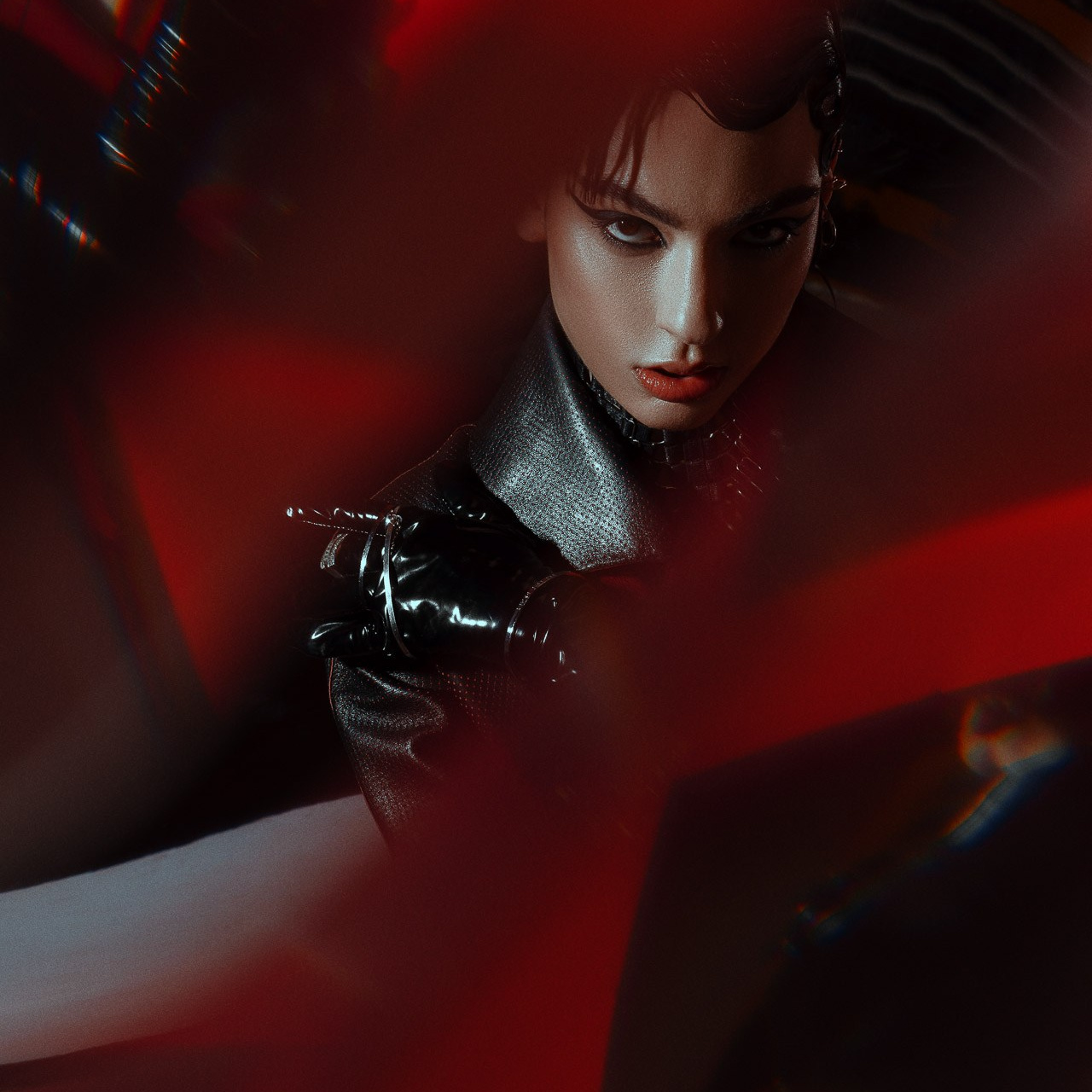 Fashion editorial portrait with dramatic red light, Milan fashion photography