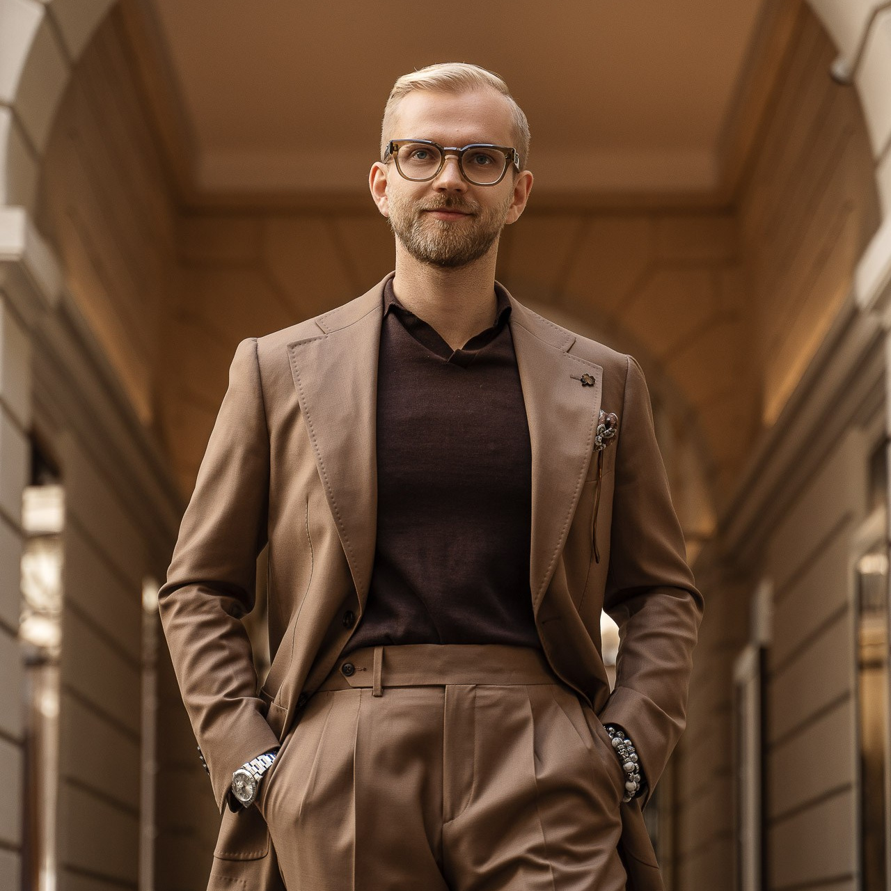 Fashion portrait in Milan during a personal photoshoot, classic architecture