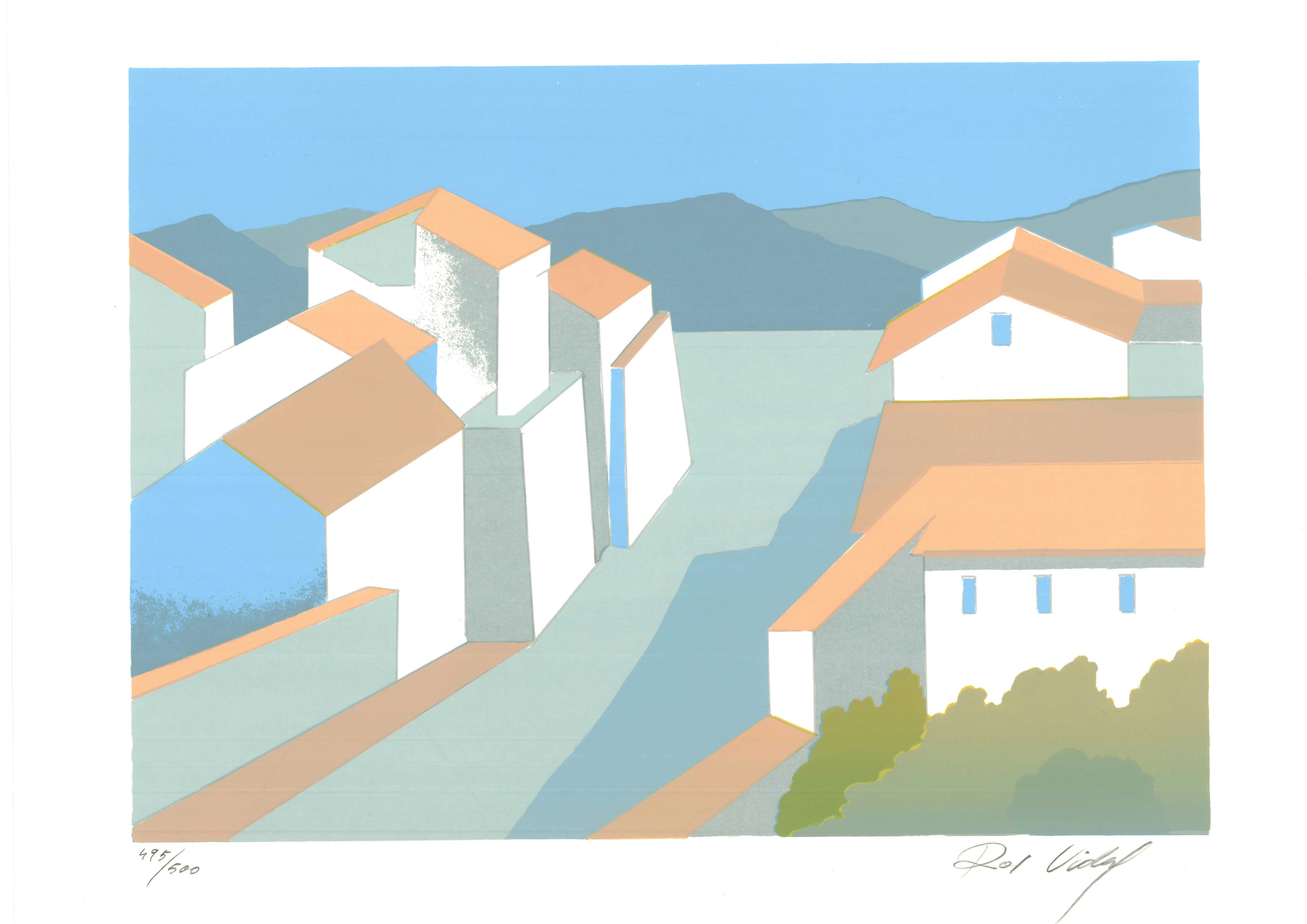 Ros Vidal graphic work of a city in blue tones a village in the suburbs