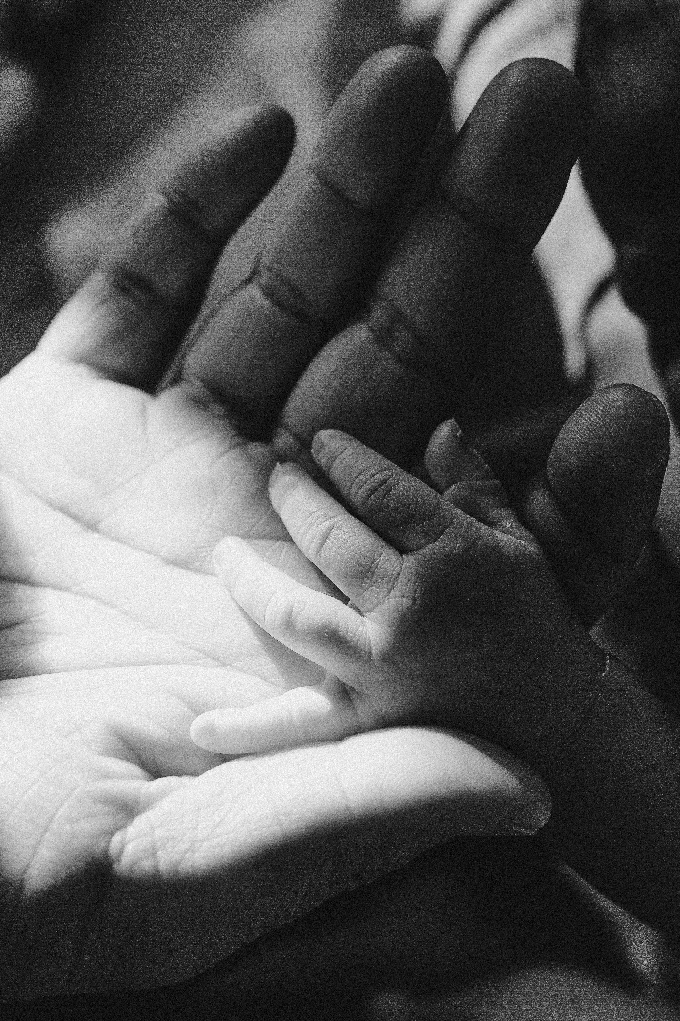 Close-up black and white photograph of a tiny newborn baby resting in an adult's hands, newborn photographer in Solihull