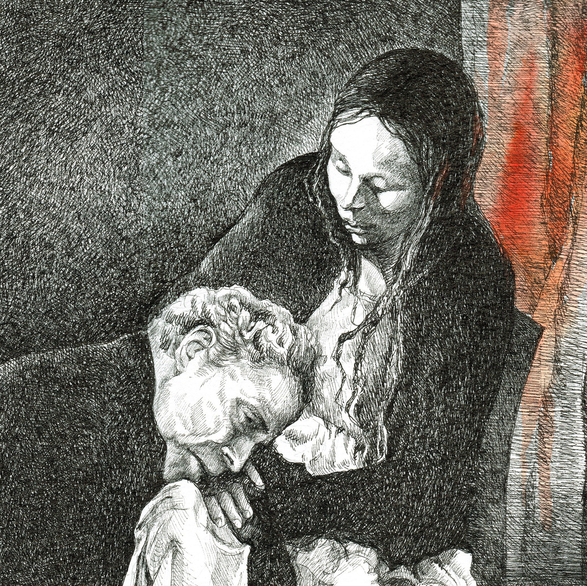 For Sale: Pen and ink interpretations of Andrei Tarkovsky's film scenes. Each black and white artwork, accented with red, captures transformation themes. Ideal for art collectors or adding style to interiors. Available now