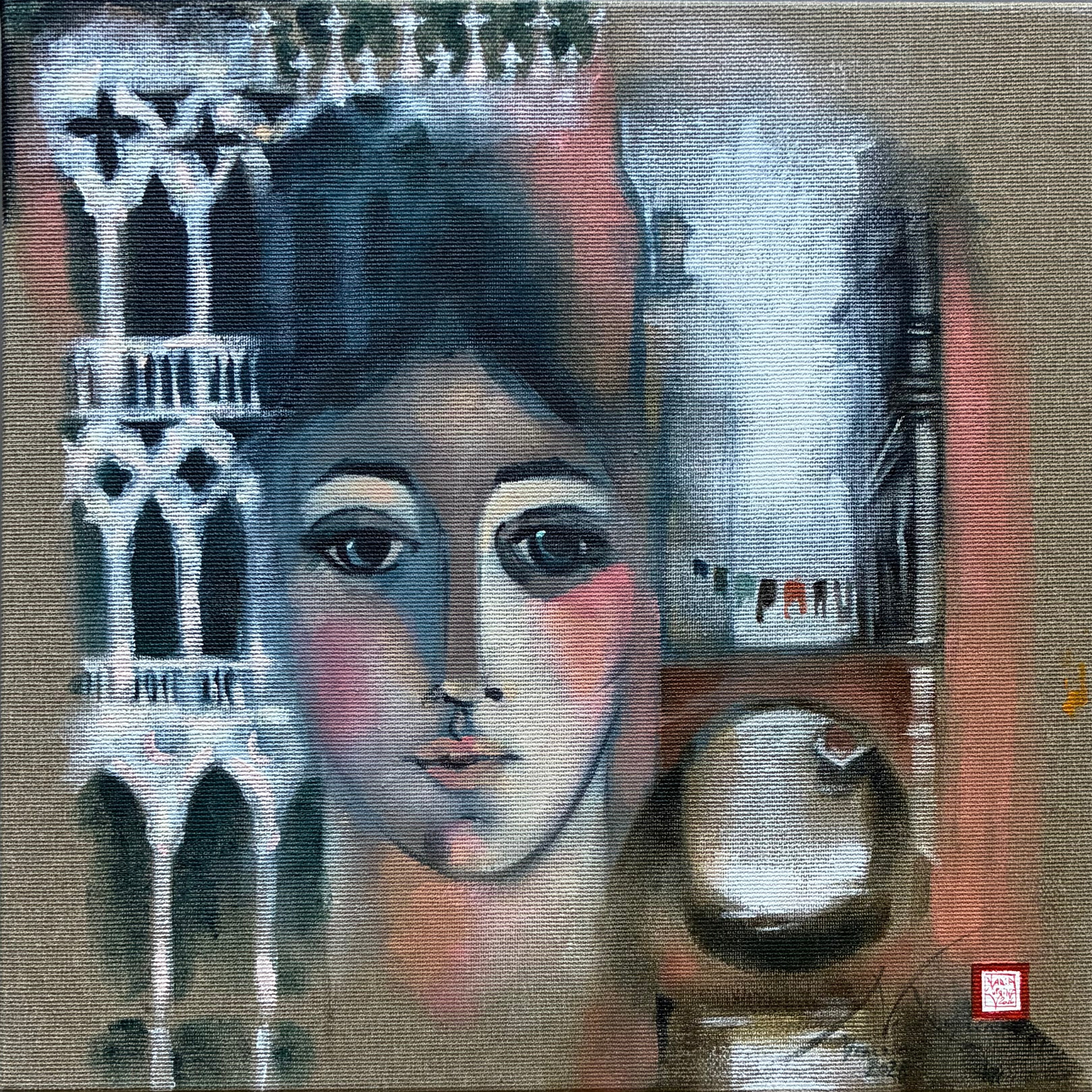 Venice. Acrylic on canvas, 30 x 30 cm: fog in Venice with the Ca’ d’Oro. The face of a young Venetian woman by candlelight. The thick, white fog above envelops a bridge over a narrow canal. The lace-like façade of the Ca’ d’Oro. A mystical and evocative painting by Nadia Kuprina.
