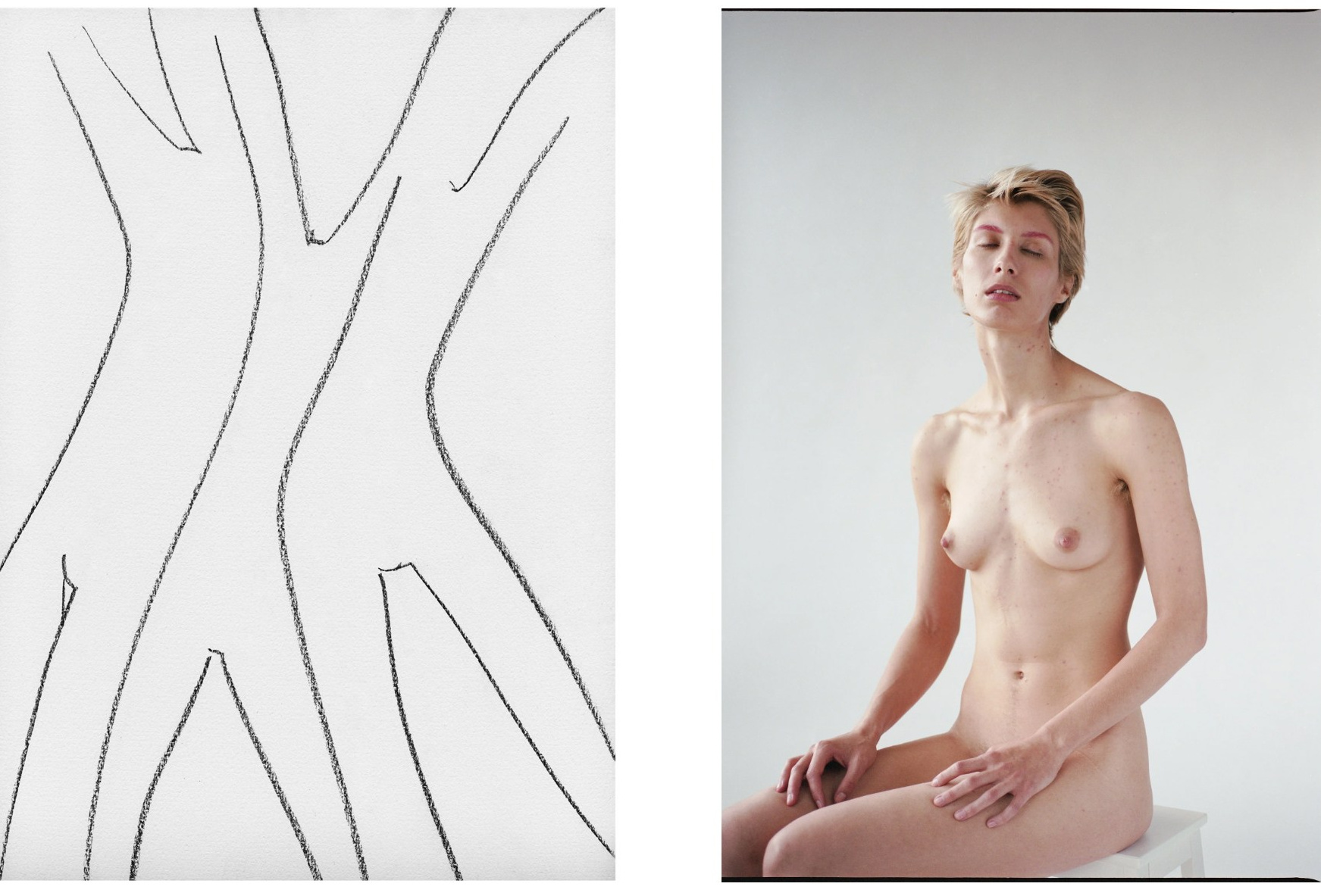 Fine art photograph combining a sketch of tree-women with a nude female portrait — artwork by photographer in Brussels, Victoria Ushkanova, exhibited in a London gallery.