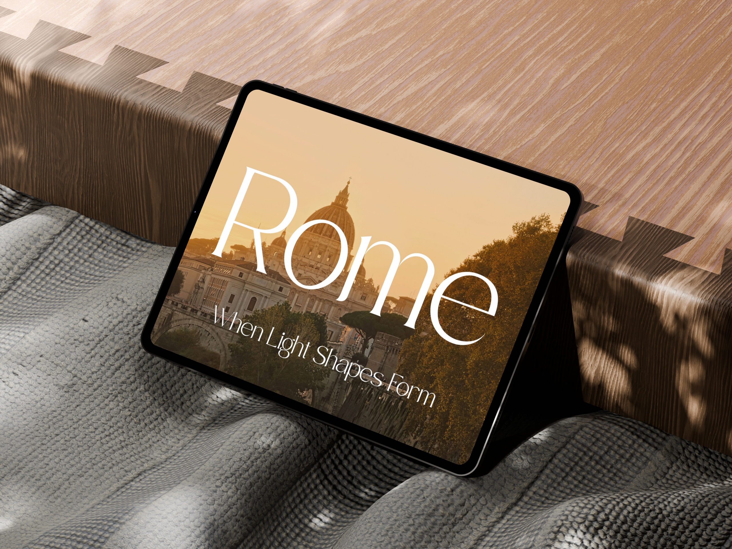 Rome, Italy – Photography Book – Rome — When Light Shapes Form – Digital book cover displayed on an iPad, featuring St. Peter's Basilica and the Tiber River at sunset – Eduardo Bartoli Photography