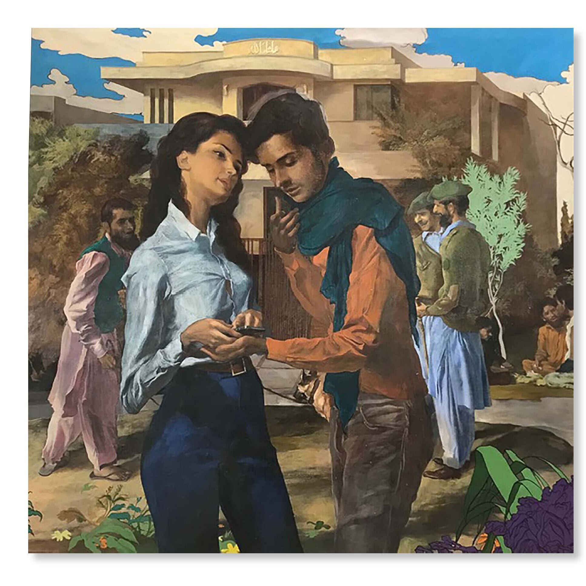 Young Couple with Smartphone in Courtyard — Salman Toor — contemporary figurative painting, couple using phone, courtyard scene, modern figurative art Молодая пара смотрит в смартфон во дворе. Современная фигуративная живопись, тема цифровой эпохи и личных отношений. 
