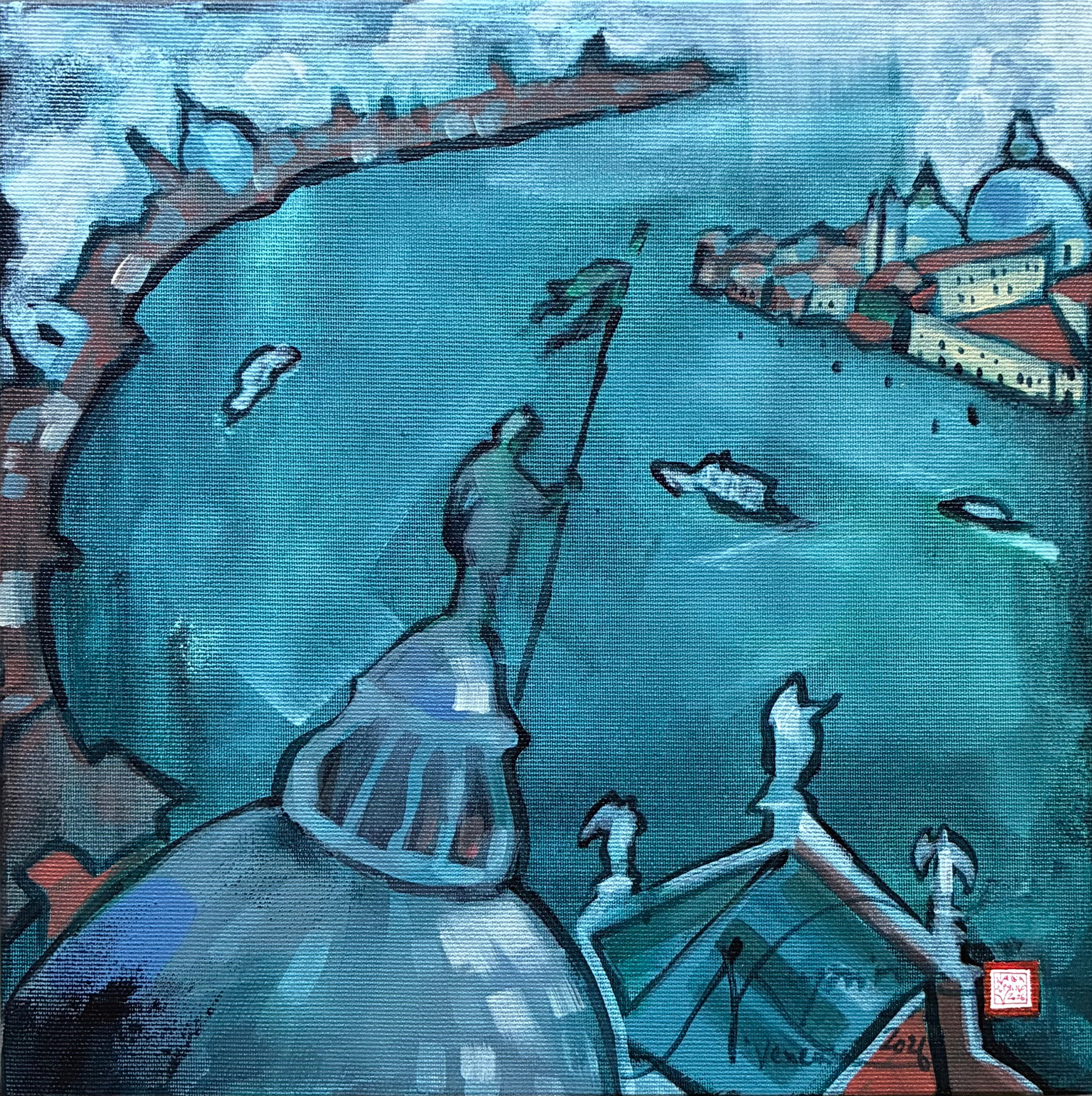 Acrylic on canvas, 30x30 cm: Venice seen from the top of the bell tower of San Giorgio Maggiore. A breathtaking view of the lagoon. The great blue embrace of La Serenissima. A sense of flight, of the cold, and of an exhilarating, sparkling freedom. By Nadia Kuprina
