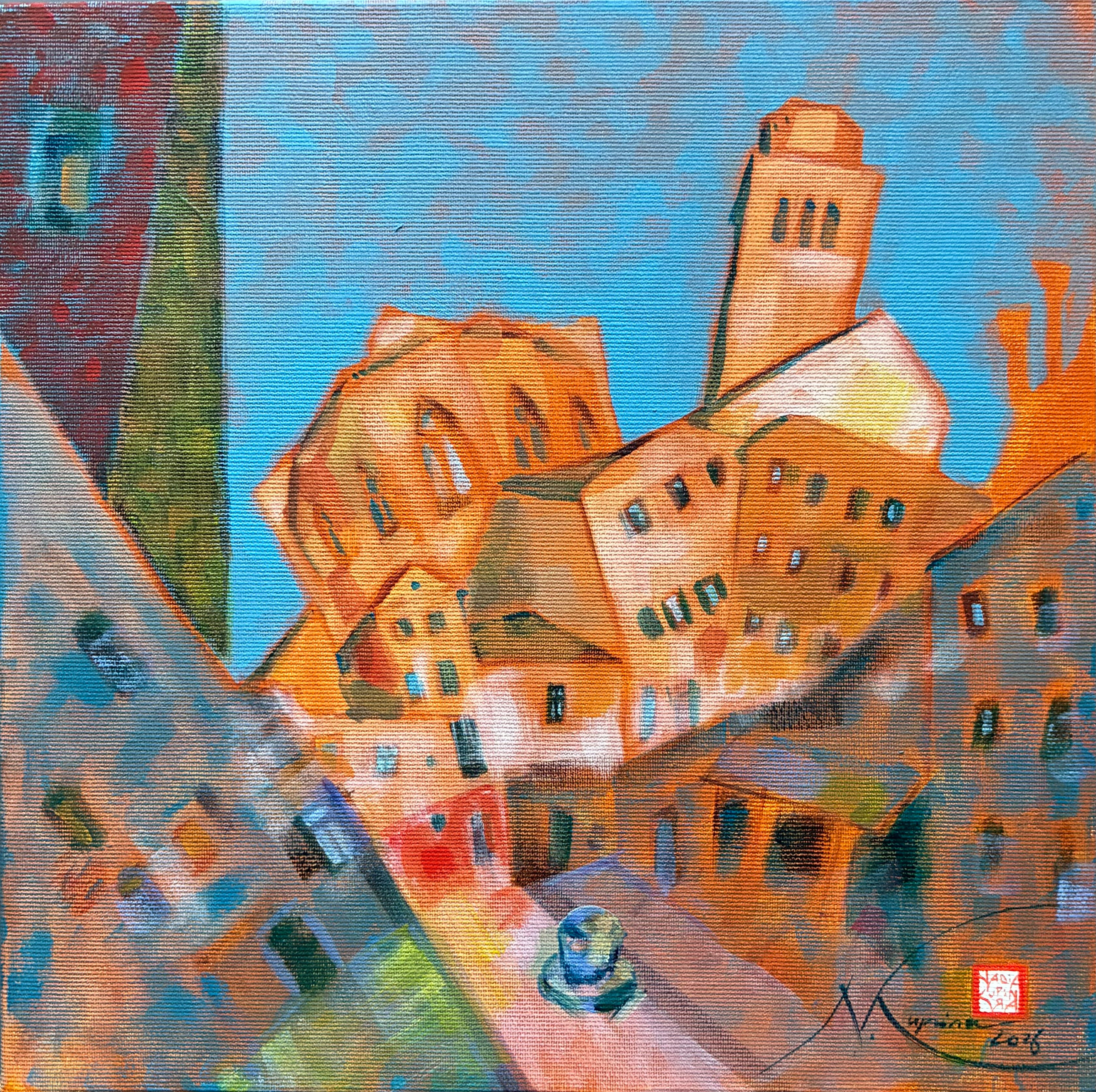 Acrylic on canvas, 30 x 30 cm: a sunlit Venetian square, painted by Nadia Kuprina. A warm, futuristic Venice. The houses fan out, revealing the façade and bell tower of a Gothic church. The buildings resemble people gathered around a well, engaged in lively conversation. A work by Nadia Kuprina.