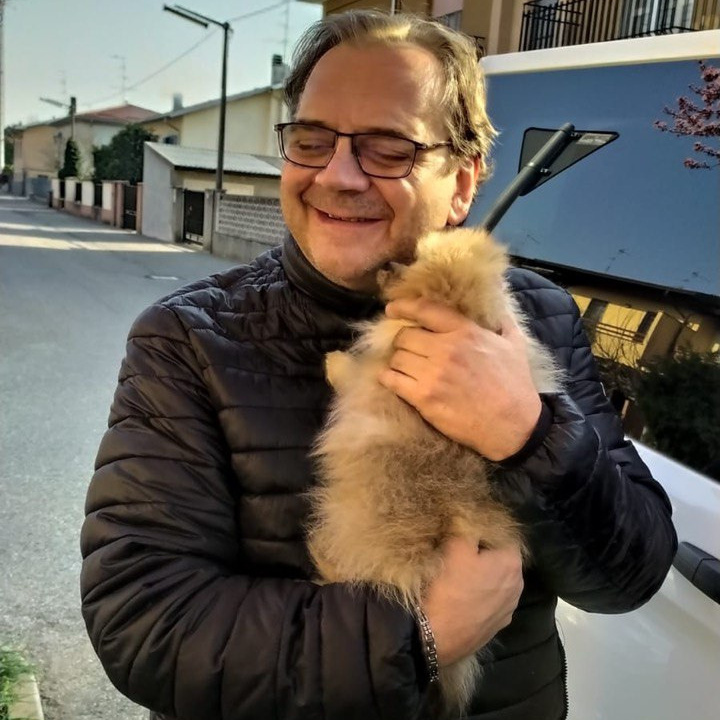 Перевозка собак: мужчина держит собаку на руках на фоне улицы города