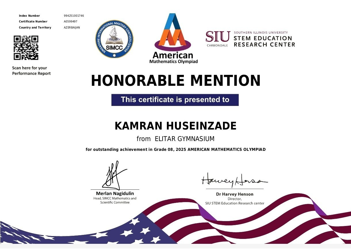 AMO Award Ceremony-Success of the Virtual American Spaces Math Club Founded by Juneyd Ganbarov. IIMACS — The International Institute of Mathematics, AI & Computer Science