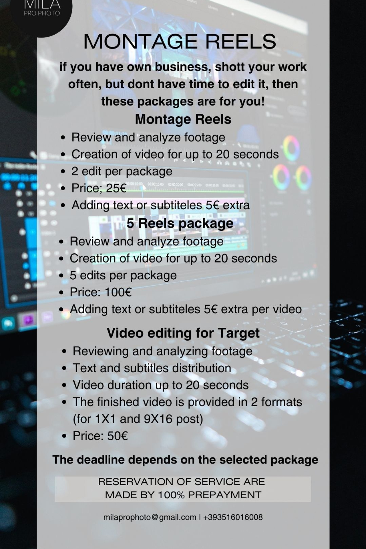 Price List. Photographer in Milan |Mila Pro Photo