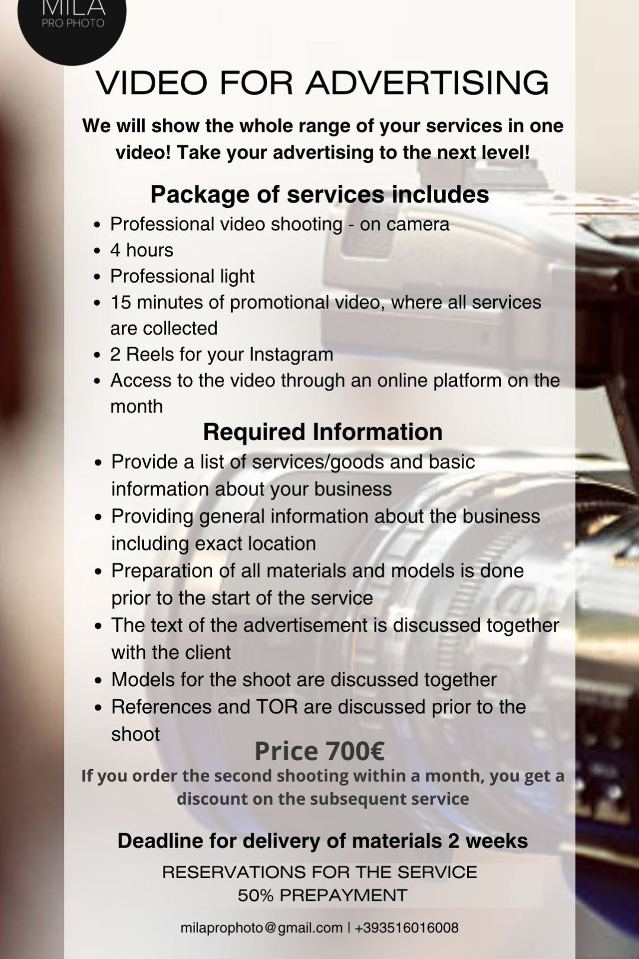 Price List. Photographer in Milan |Mila Pro Photo