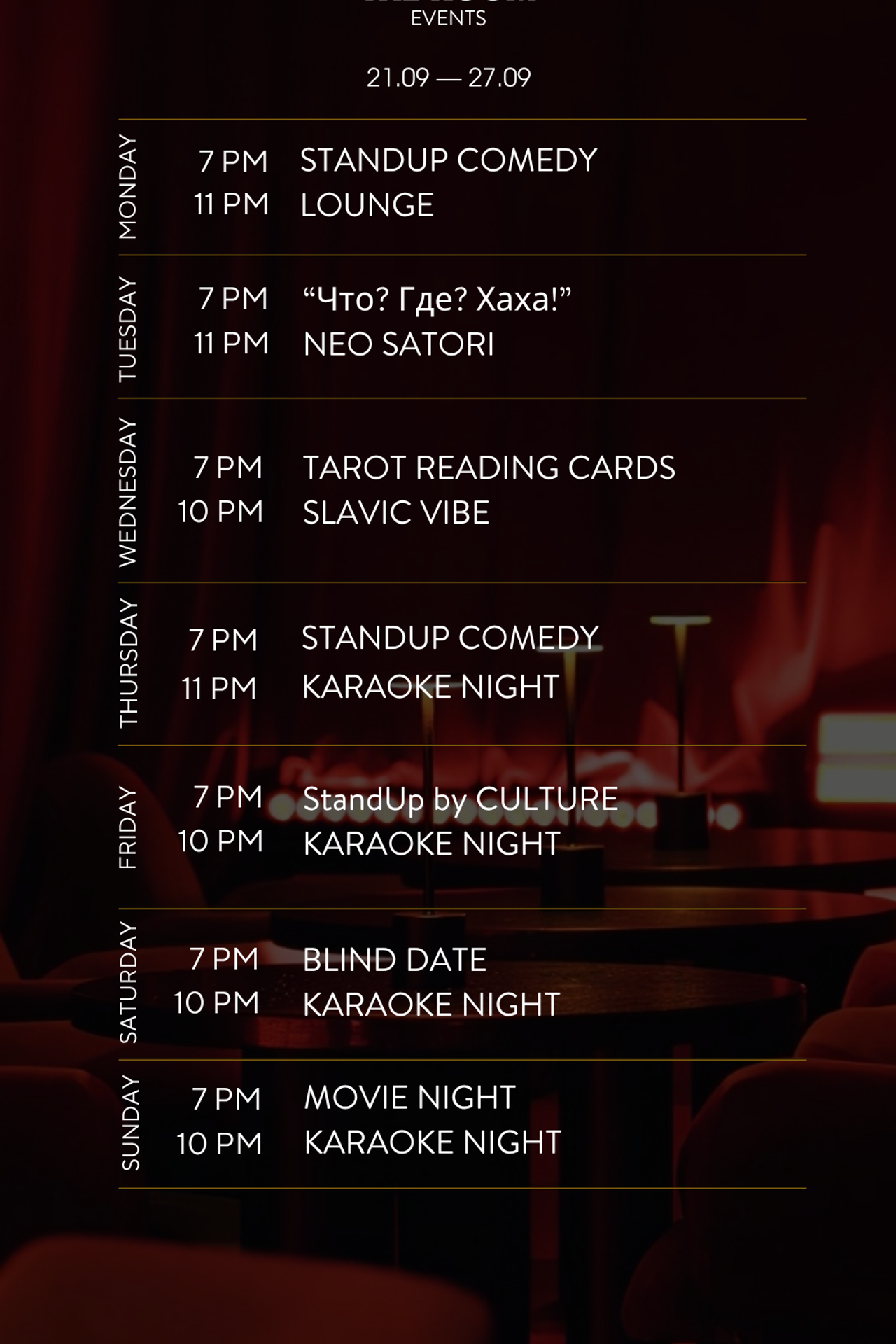 EVENTS. THE ROOM BAR