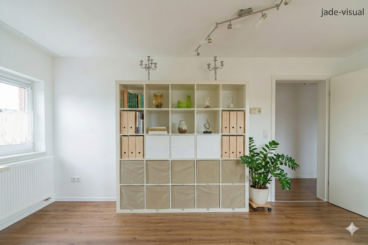 Virtuelles Home Staging mit KI: Eingereichtes Zimmer mit Würfelregal, Zimmerpflanze und Vorhängen. Immobilienfotografie von jade-visual.