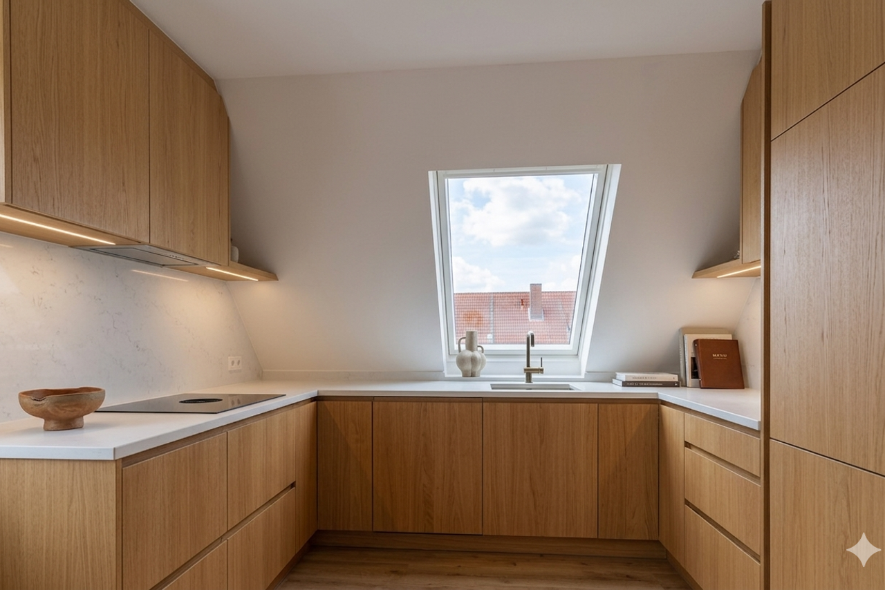 KI-Renovierung: Dachgeschossküche in U-Form mit hellen Holzfronten, Marmor-Arbeitsplatte und LED-Beleuchtung. Fotoservice von jade-visual.