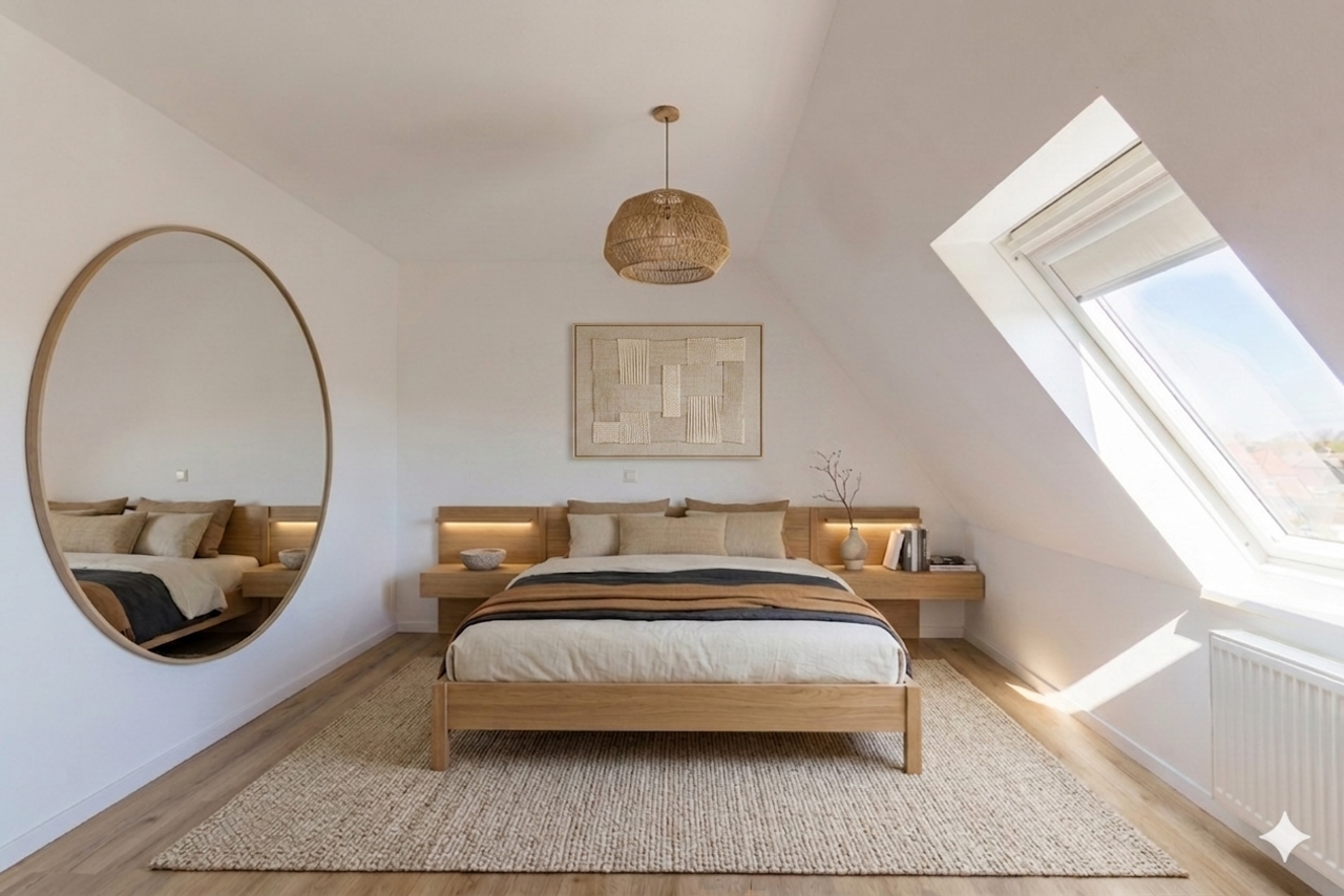 Virtuelles Home Staging mit KI: Modern gestaltetes Schlafzimmer im Dachgeschoss mit Doppelbett aus Holz, großem Rundspiegel und Dachfenster. Fotoservice von jade-visual.