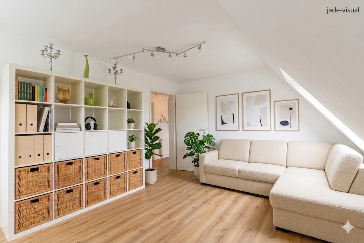 Virtuelles Home Staging mit KI: Modernisiertes Dachgeschosszimmer mit hellem Sofa, Wandbildern und Pflanzen. Fotoservice von jade-visual.