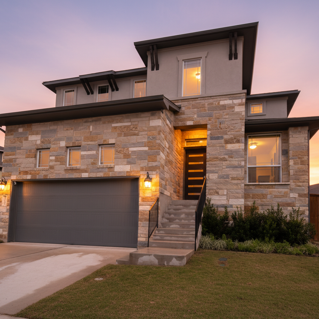 Modern house exterior at twilight with illuminated windows Austin real estate photography