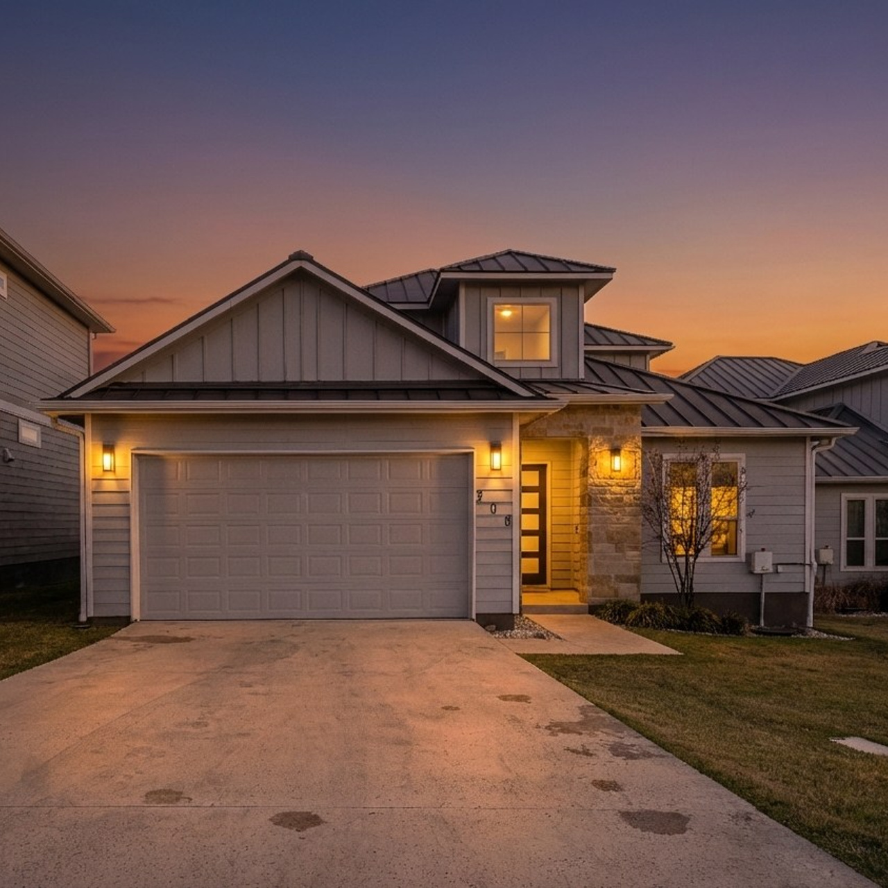 Modern house exterior at twilight with illuminated windows Austin real estate photography