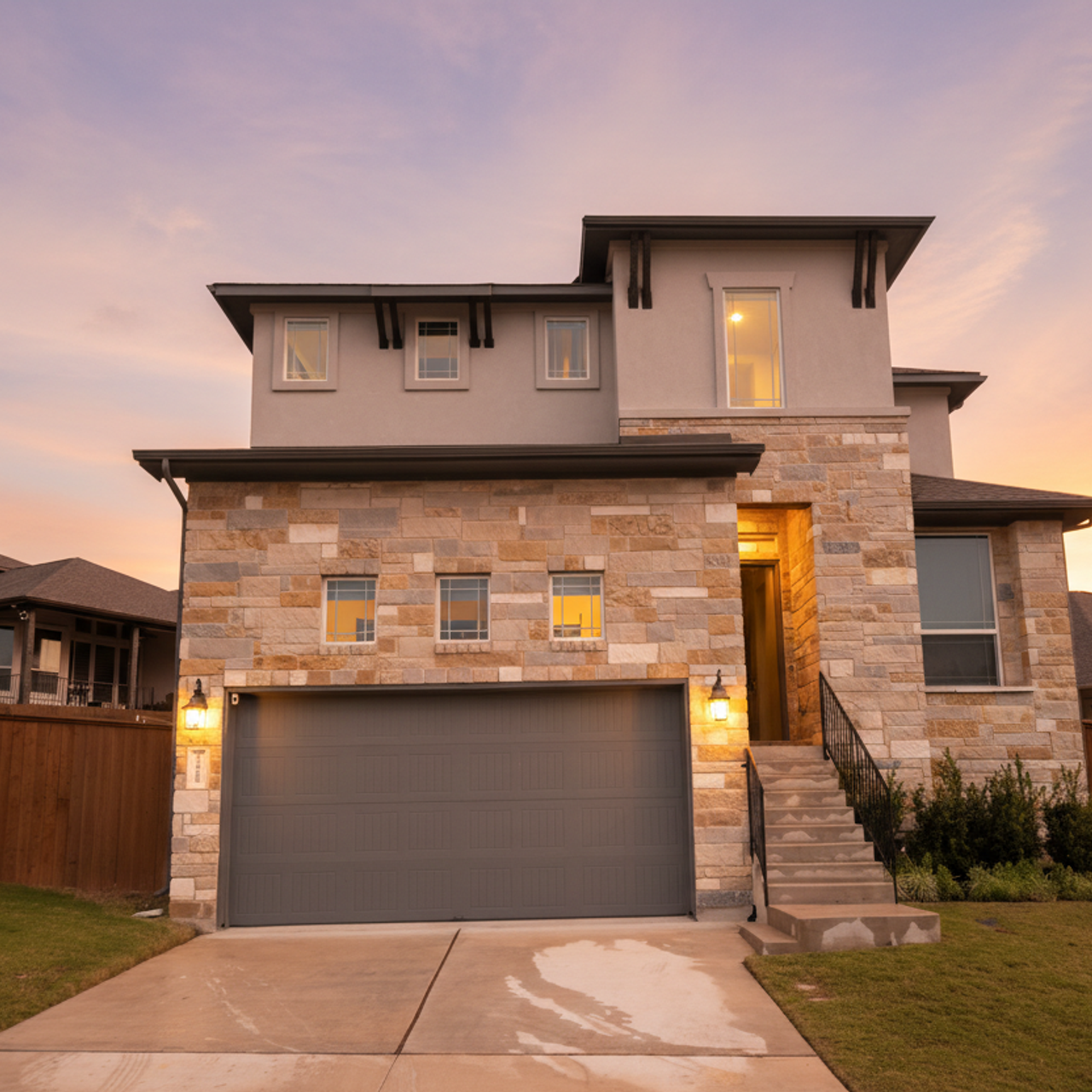 Twilight exterior photo of contemporary home with pool and patio Austin Texas