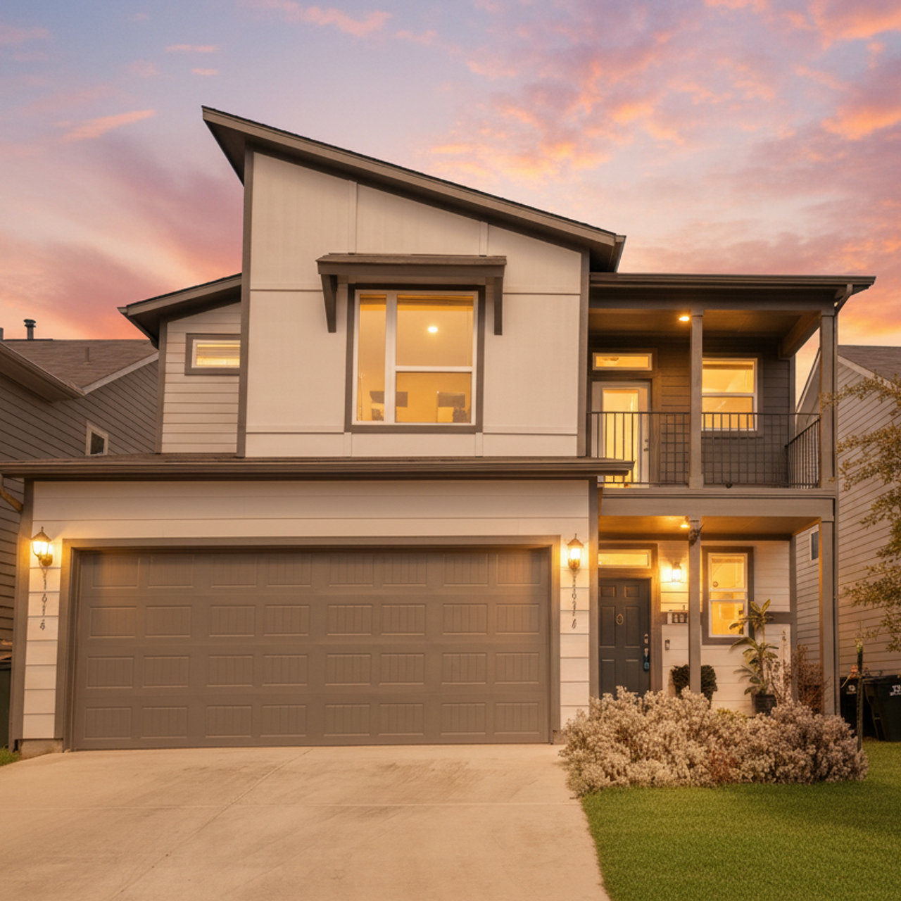 Luxury home exterior twilight photography with pool and warm interior lights Austin TX