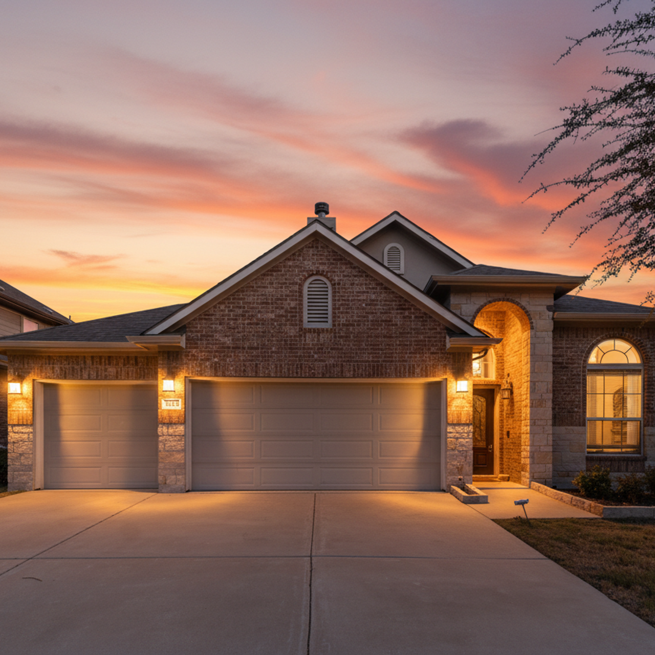 Luxury home exterior twilight photography with pool and warm interior lights Austin TX