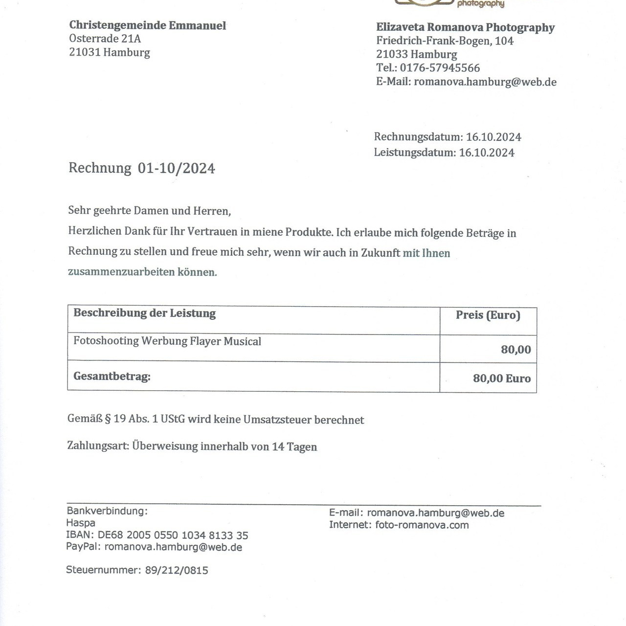 Отзывы. Elizaveta Romanova Fotografin in Hamburg