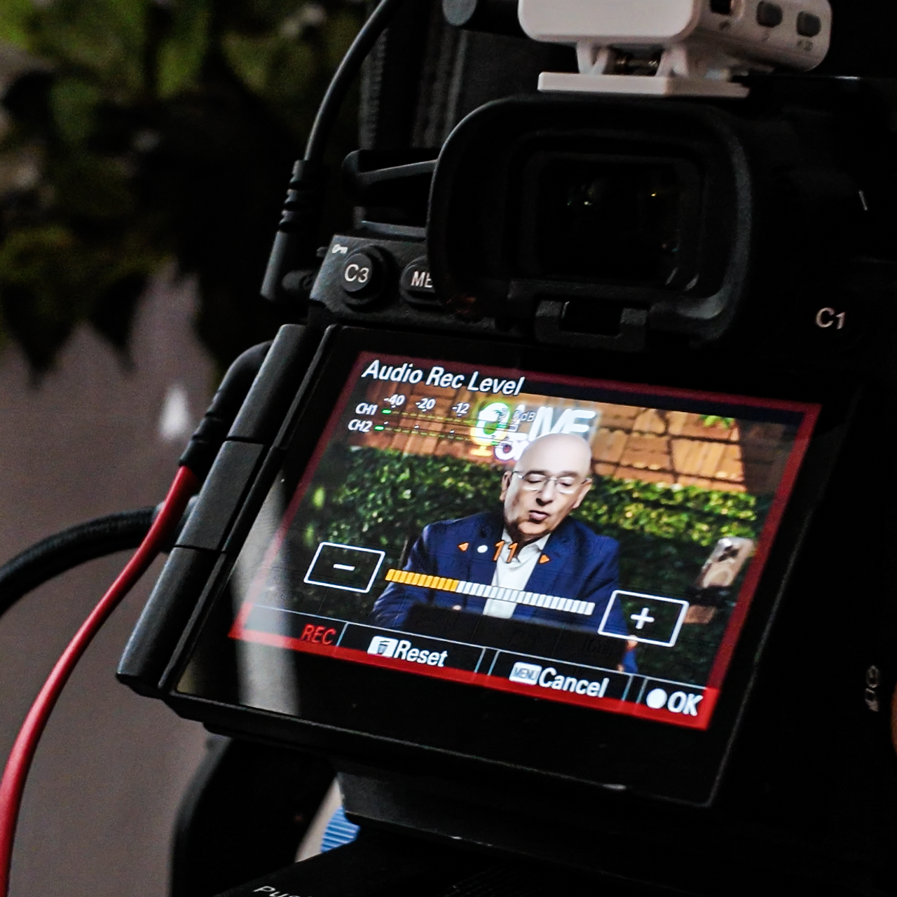 Behind-the-scenes camera monitor during a studio recording at ProStudio1 Hollywood, FL — producing podcast interviews and professional video content near Miami.