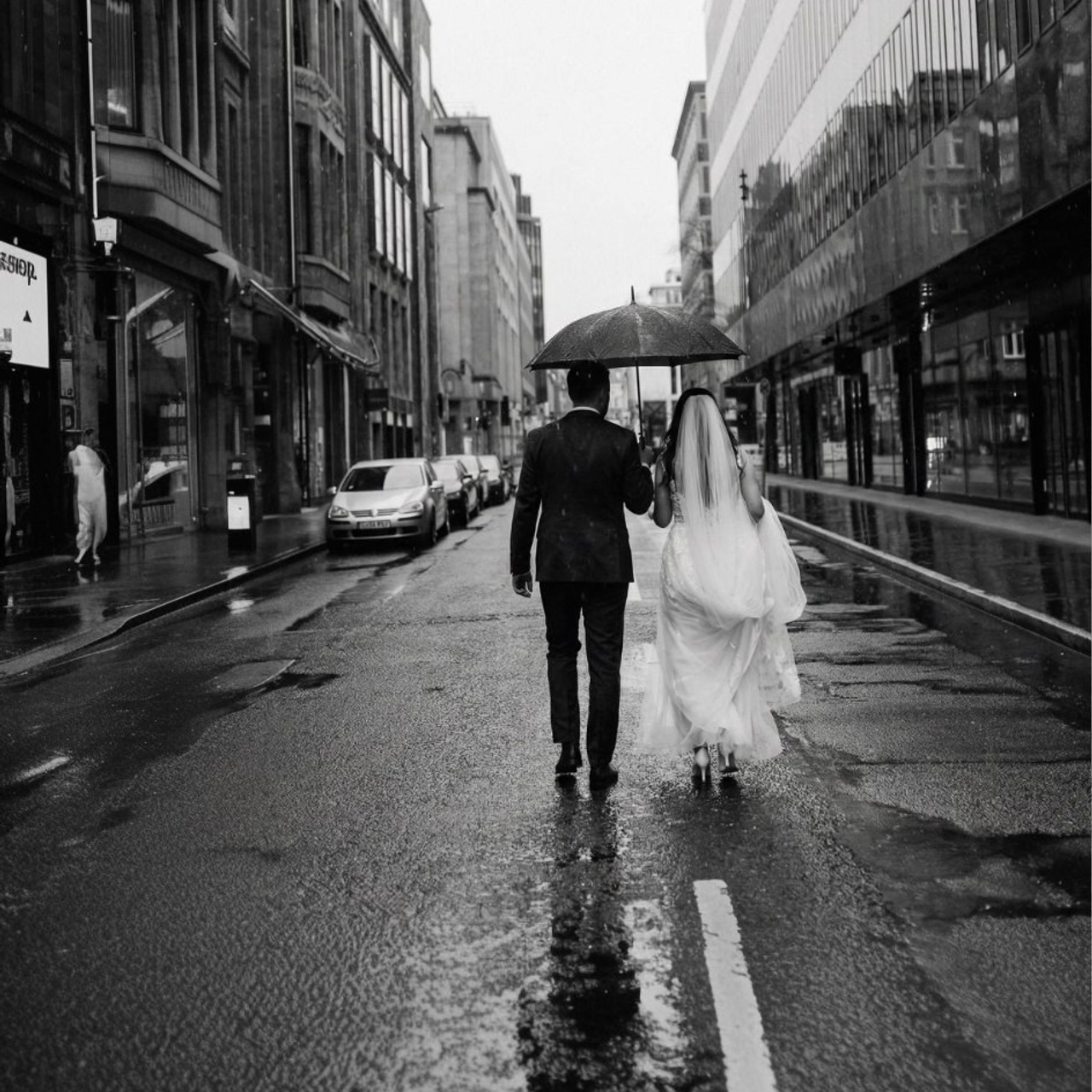 Brautpaar unter transparentem Regenschirm in Düsseldorf
