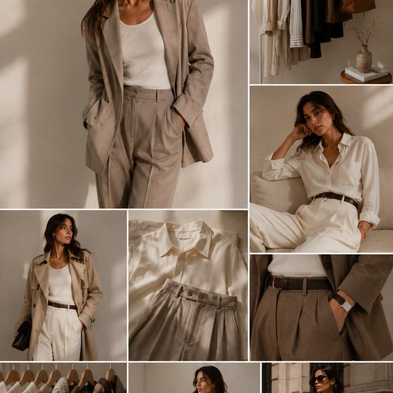Моден lifestyle колаж с дамски бежов outfit и минималистична fashion визия