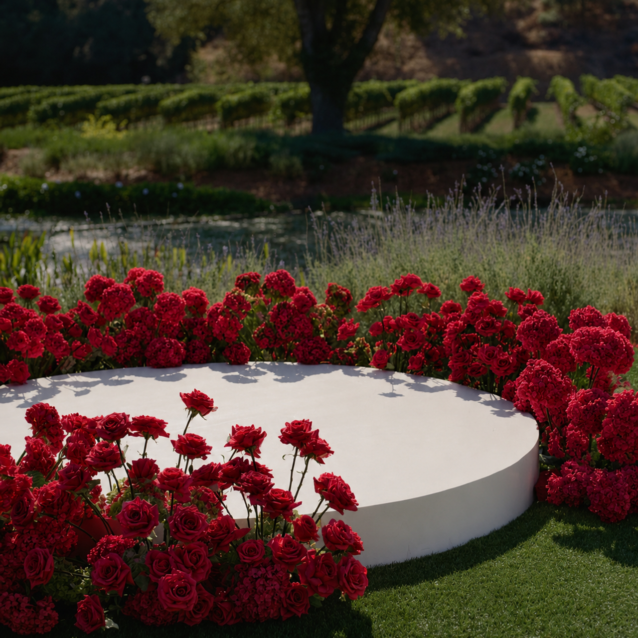 Luxury red floral wedding ceremony setup for a Casino Royale inspired Lake Como editorial