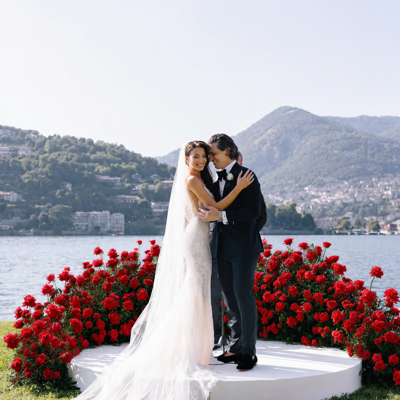 Luxury wedding couple overlooking Lake Como – destination wedding editorial in Italy