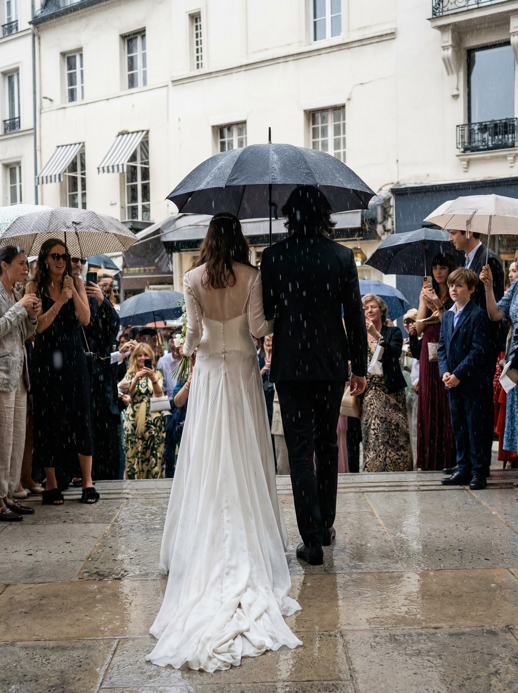 Brautpaar unter transparentem Regenschirm in Düsseldorf