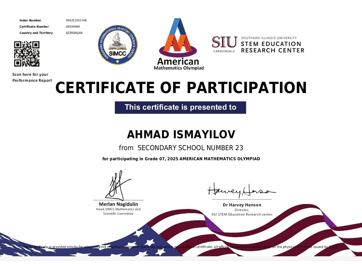 AMO Award Ceremony-Success of the Virtual American Spaces Math Club Founded by Juneyd Ganbarov. IIMACS — The International Institute of Mathematics, AI & Computer Science