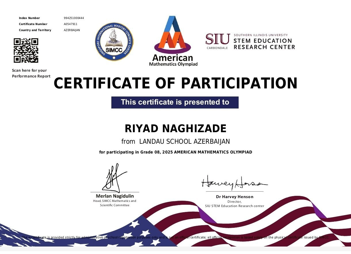 AMO Award Ceremony-Success of the Virtual American Spaces Math Club Founded by Juneyd Ganbarov. IIMACS — The International Institute of Mathematics, AI & Computer Science