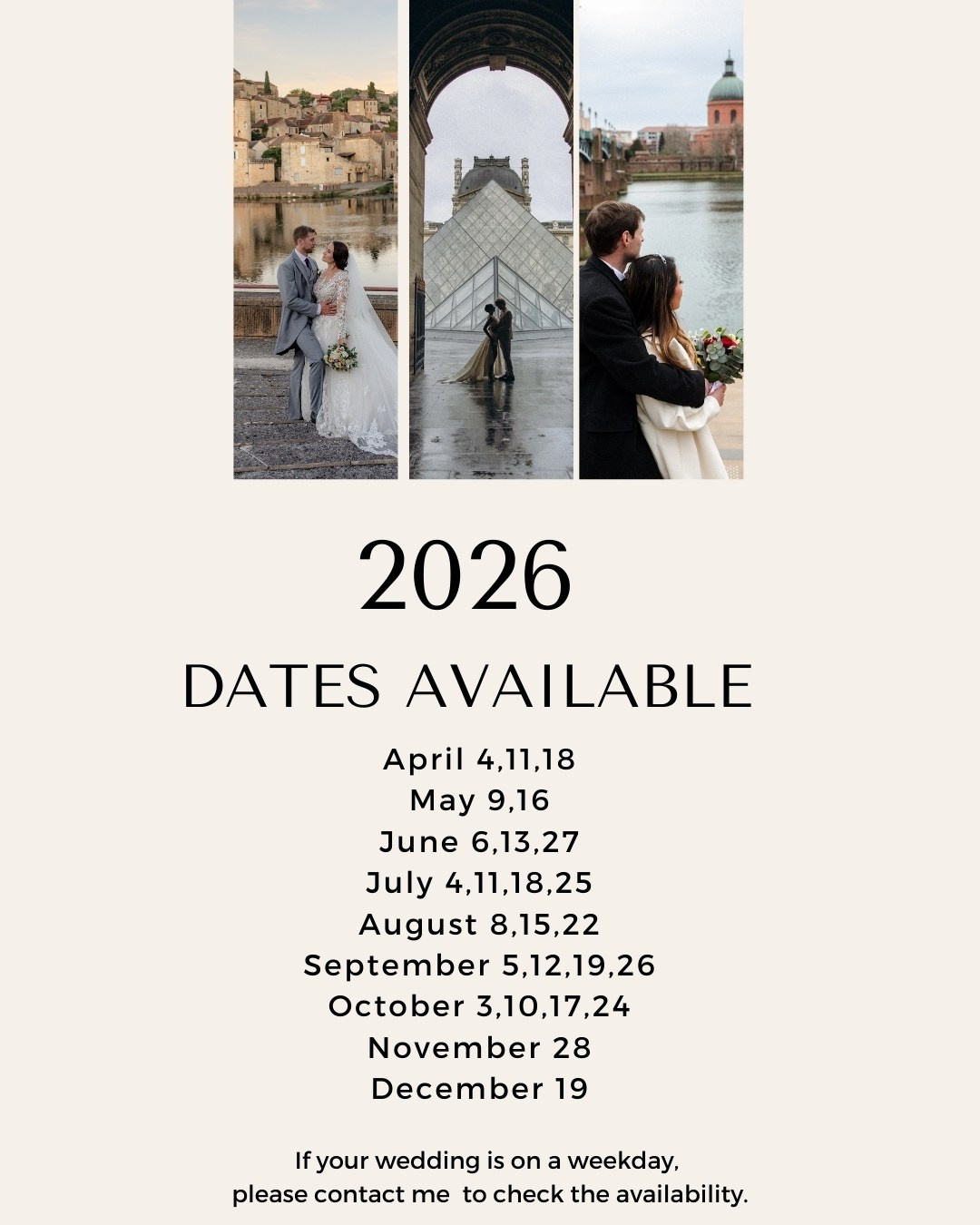 Wedding dates availability. Eugénie Smirnova — your photographer in Toulouse and southwest France