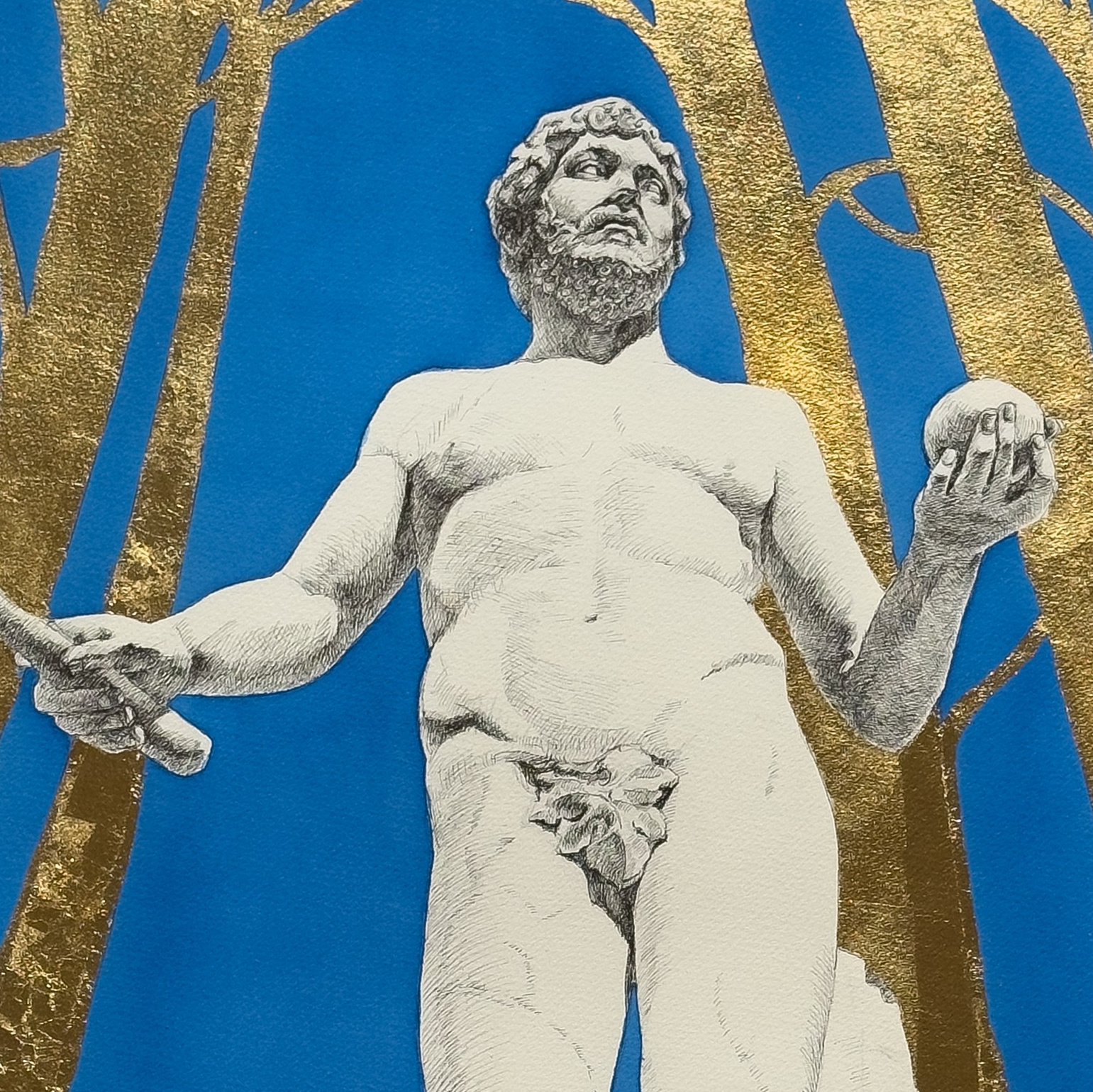 Artwork for sale: Mixed media of watercolor, Chinese ink, and gold leaf depicting a Versailles statue. Ideal for interior decoration, these artworks are perfect for adding a touch of elegance and serenity to any space.