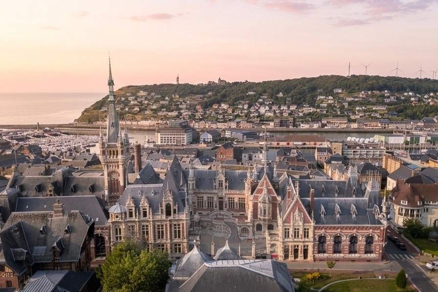 Aerial view of Palais Bénédictine and Fécamp at sunset — luxury destination wedding photographer France Johnny Jo