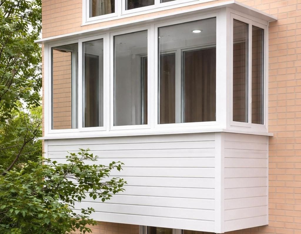 Балкон, снизу до середины облицованный сайдингом бежевого цвета, сверху — с установленными пластиковыми рамами.