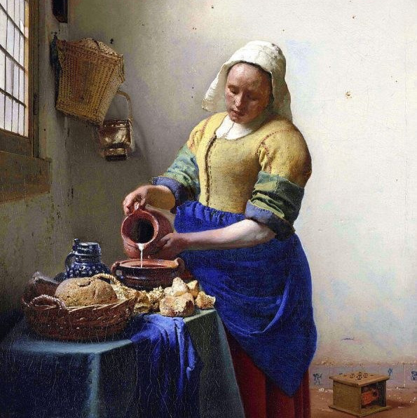 Ян Вермеер «Молочница» (1658–1661) — бытовая сцена женщины на кухне, голландская живопись, повседневная жизнь XVII века, бытовой жанр, интерьер, Ян Вермеер, бытовуха в искусстве