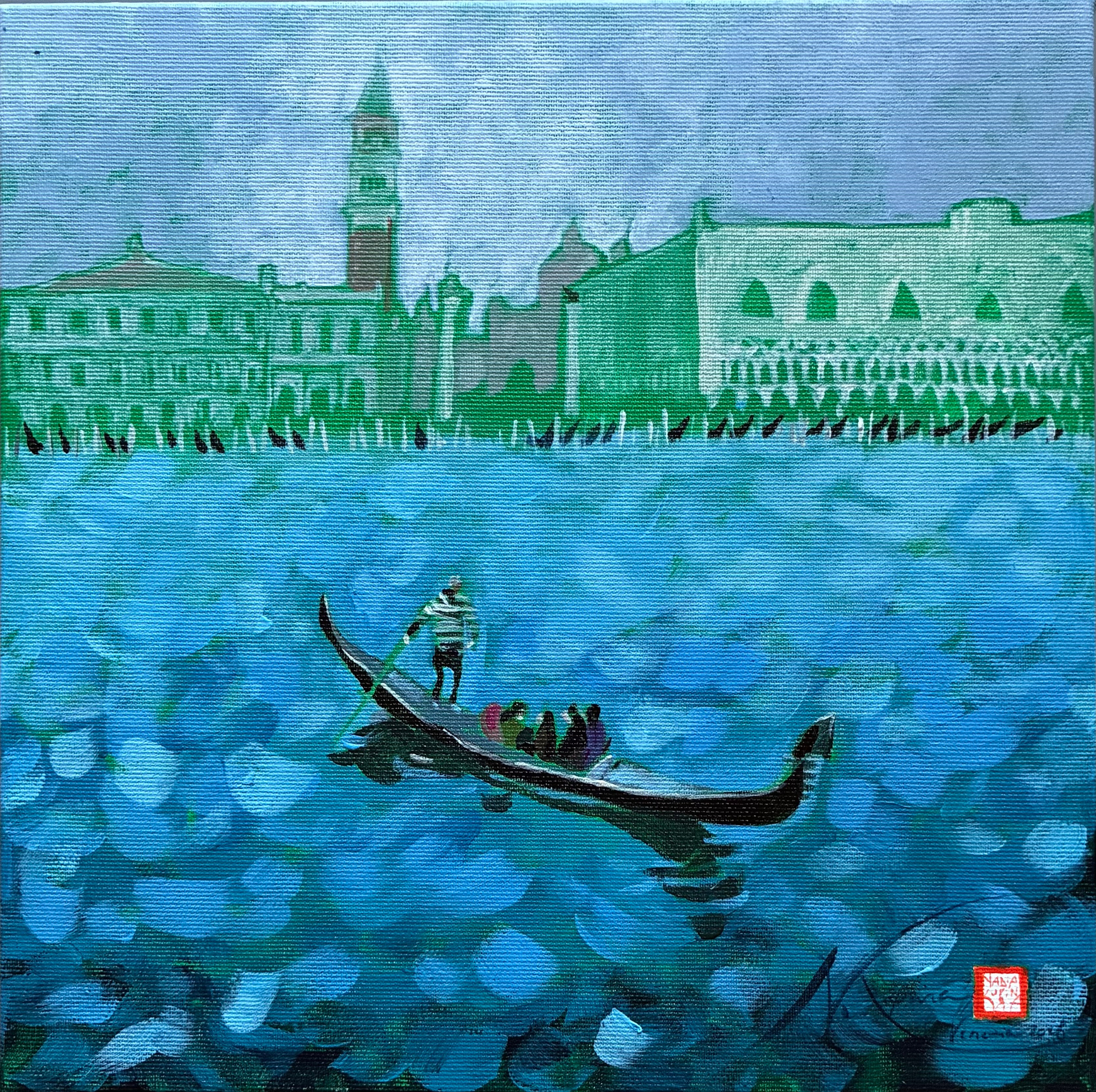 Venice: a gondolier ferries a couple in a gondola opposite St Mark’s Square. The gondola is bathed in a deep, vibrant blue. The Doge’s Palace and the domes of St Mark’s Basilica exude a spectral and intriguing green. The palette of emeralds and deep blues resembles certain Murano glass. Acrylic on canvas by Nadia Kuprina, 30 cm x 30 cm