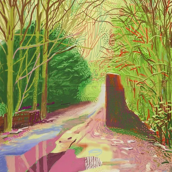The Arrival of Spring in Woldgate, East Yorkshire in 2011 (twenty eleven) – 2 January (1147), 2011IPad drawing printed on 6 sheets of paper, mounted on Dibond114 1/2 × 86 in | 290.8 × 218.4 cm David Hockney 