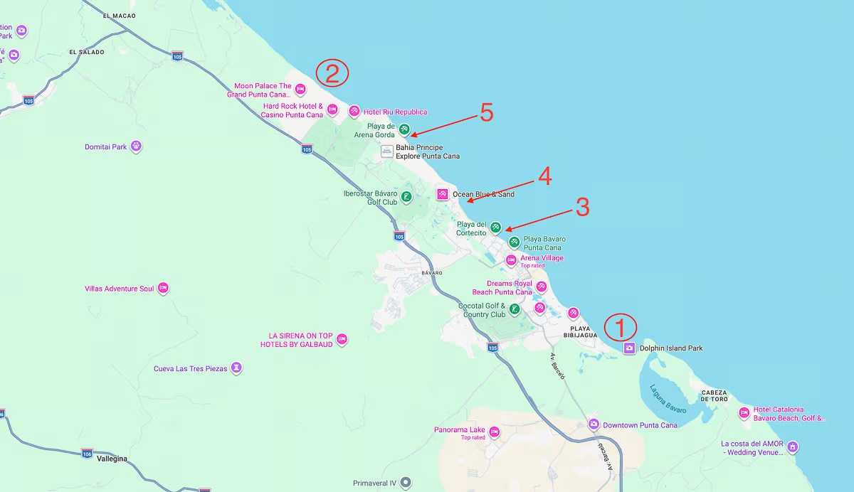 Map showing the location of Bavaro Beach, El Cortecito, Arena Blanca and Arena Gorda in Punta Cana.