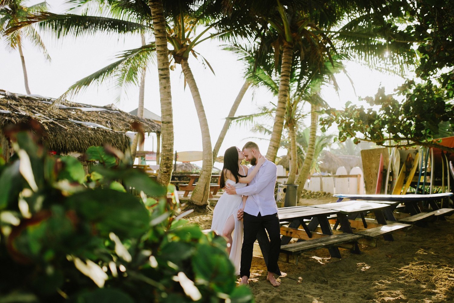 Молодожены среди пальм нежно обнимают друг друга, они сидят на столе в рассветных лучах. 
