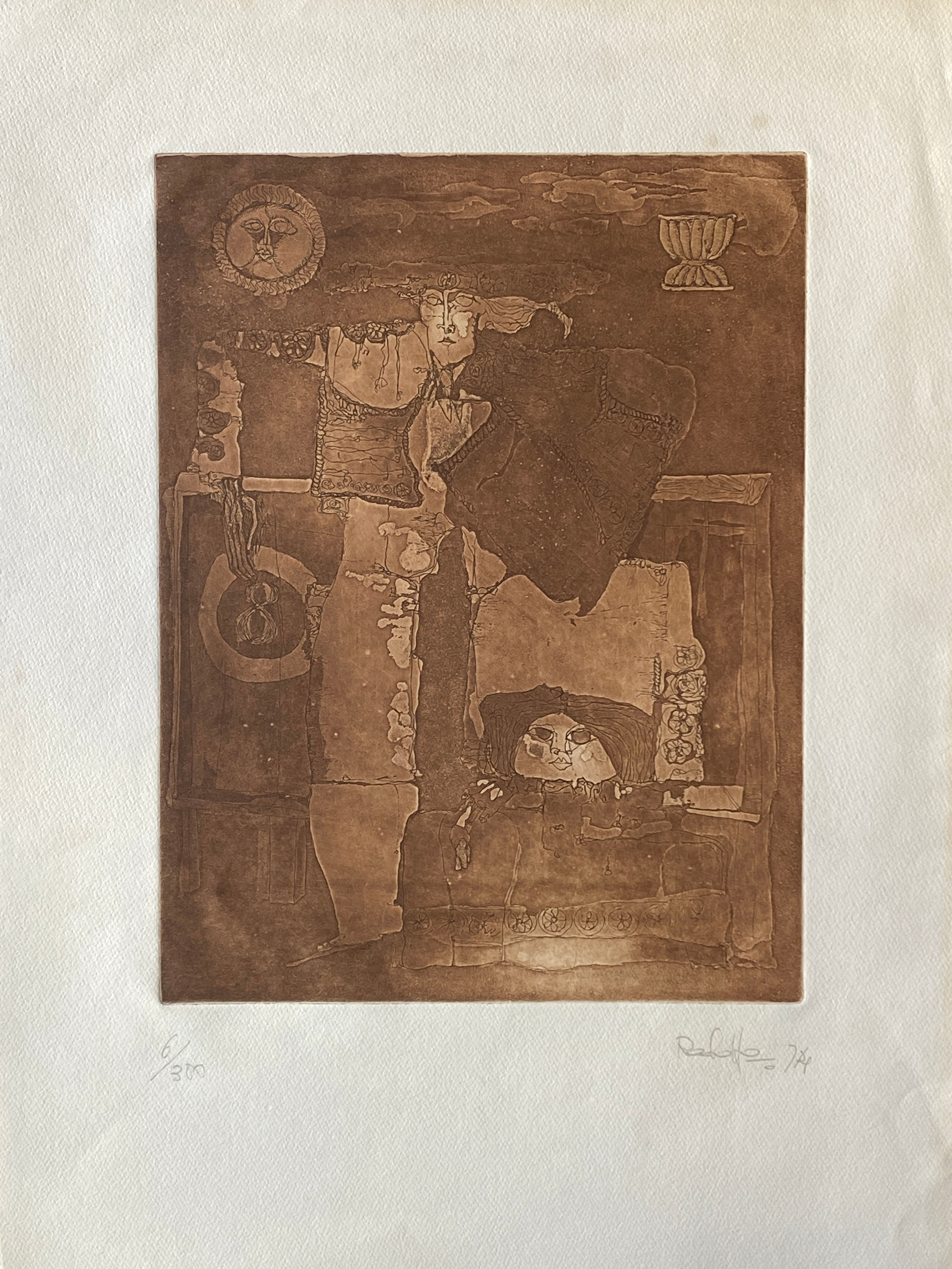 Rodolfo Alvarez Santalo lithography sepia vintage art work